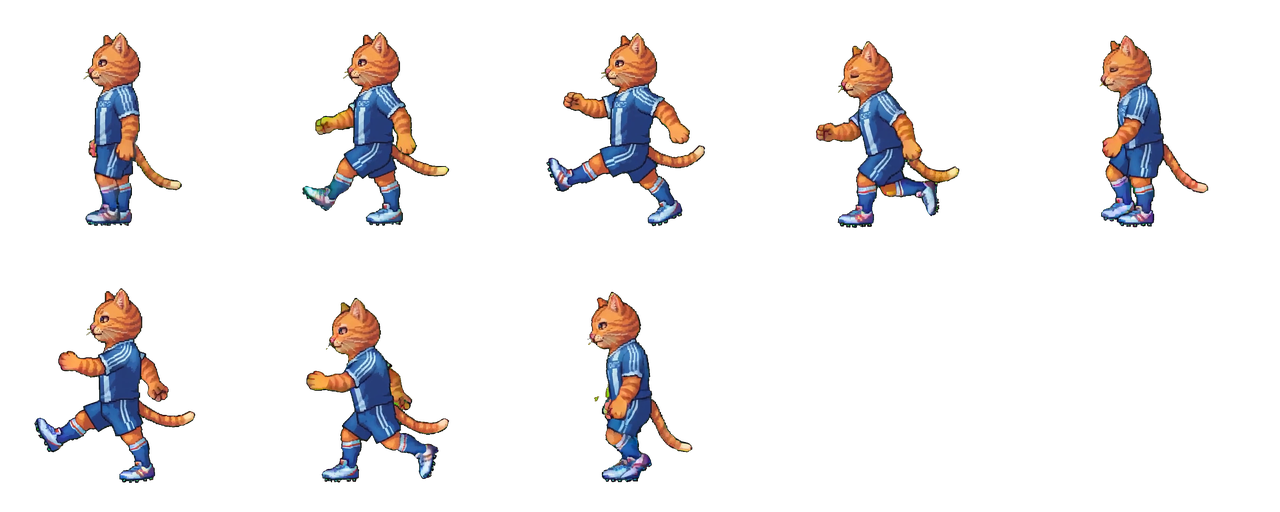 Cat footballer walk cycle sprite sheet, 8 frames on a 5-column 256px grid