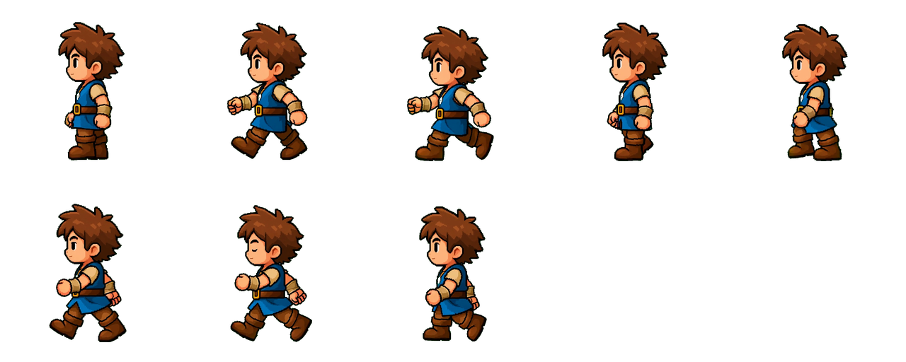 Hero walk cycle sprite sheet generated from the concept image