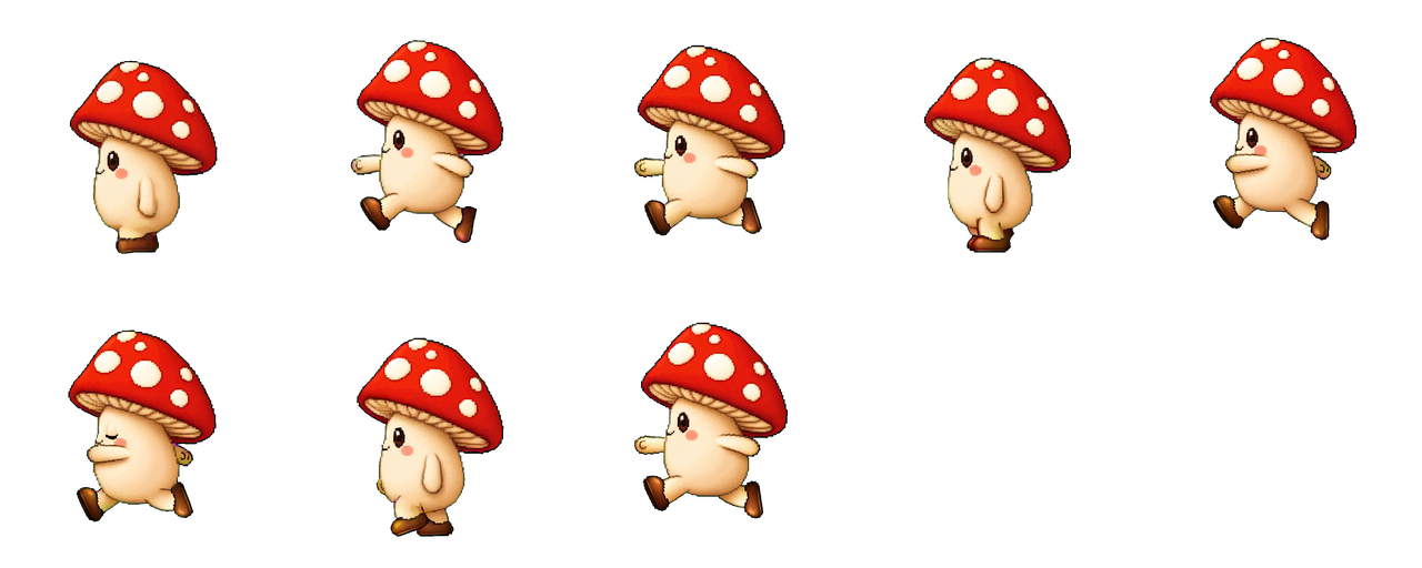Whimsical mushroom character walk cycle sprite sheet