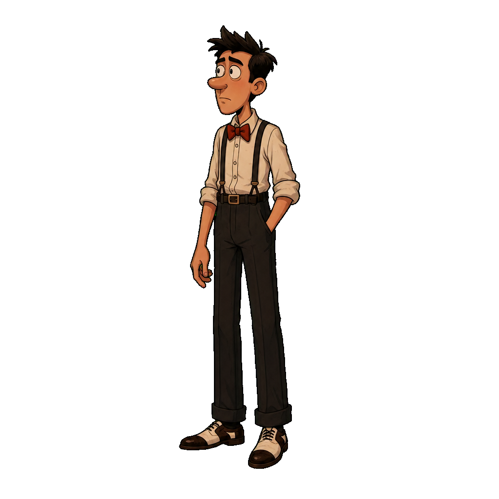 Projectionist character anchor in three-quarter view