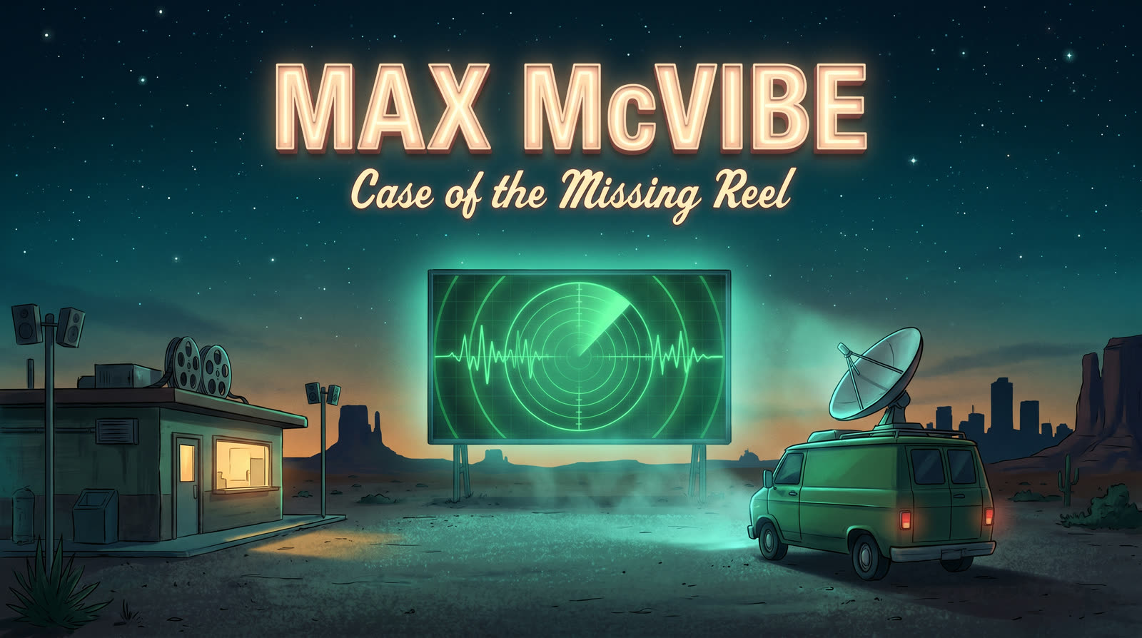 Max McVibe title art for a point-and-click adventure built with AI-generated sprites