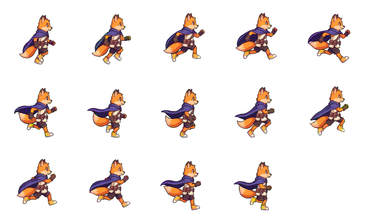 The fox hero run cycle sprite sheet, 14 frames